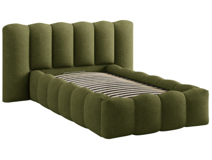 Zelená bouclé jednolůžková postel Micadoni Lupine 90 x 200 cm s úložným prostorem