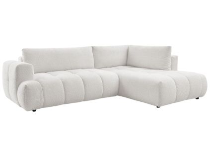 Bílá bouclé rohová rozkládací pohovka Fuji 282 cm, pravá