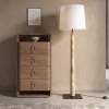 Stojací lampa Angel Cerdá zaujme svým elegantním designem a originální kombinací přírodních textur s moderními materiály. Její štíhlá konstrukce s dýhou z burlového dřeva s výraznou kořenovou kresbou dodává lampě jedinečný charakter a nádech přírodního luxusu. Podstavec z tmavé leštěné nerezové oceli vytváří sofistikovaný kontrast a podtrhuje její nadčasový vzhled. Bílé látkové stínidlo jemně rozptyluje světlo a navozuje příjemnou, útulnou atmosféru. Díky svému osobitému designu se lampa stane nejen praktickým zdrojem osvětlení, ale také výrazným dekorativním prvkem obývacího pokoje, ložnice či vstupní haly. Doplnit ji můžete stolní lampou ve stejném designu.  -fv-interier-25